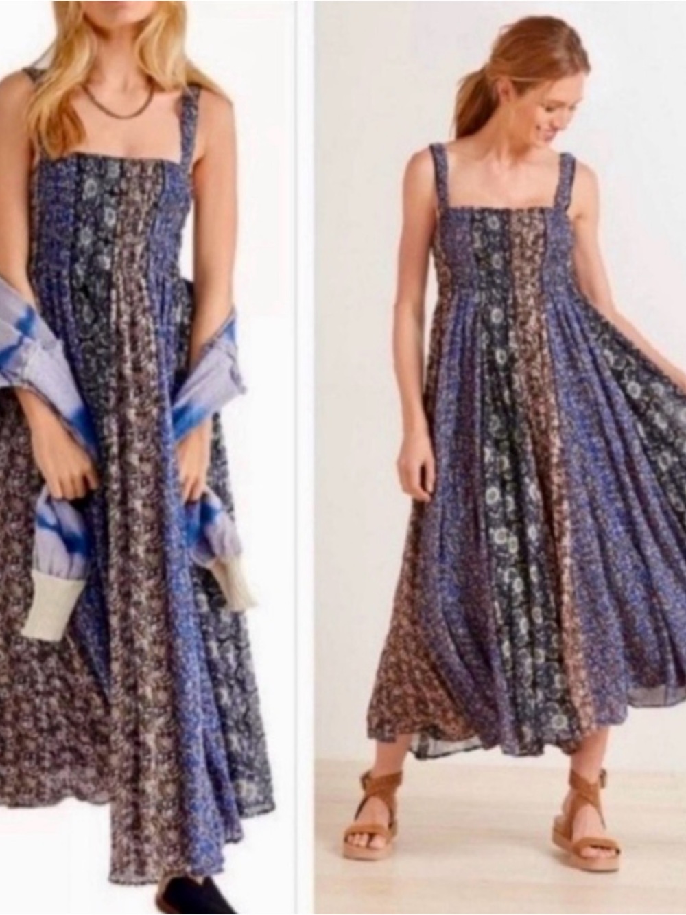 Free People Blue and Brown Patchwork Floral Maxi Dress